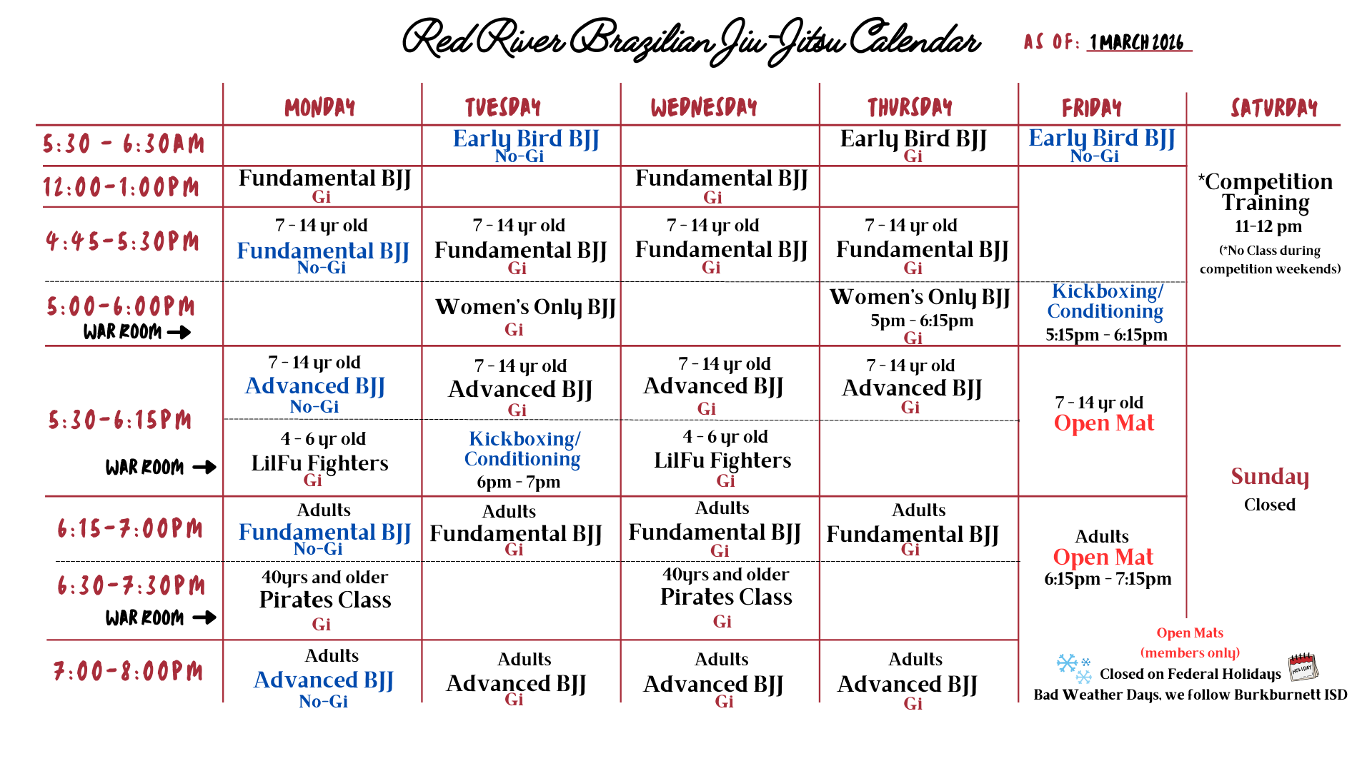 RRBJJ Class Schedule